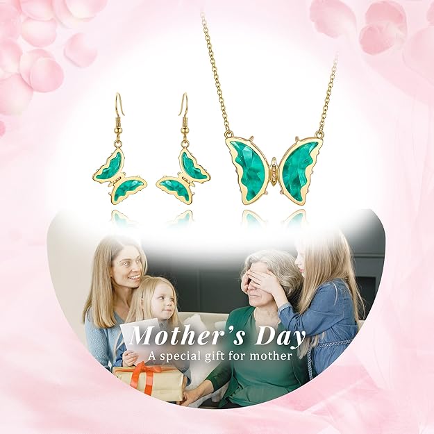 EleQueen 18K Gold Plated Rhinestone Crystal Ctue Butterfly Necklace Earrings Set Hypoallergenic Jewelry Sets for Women Green color