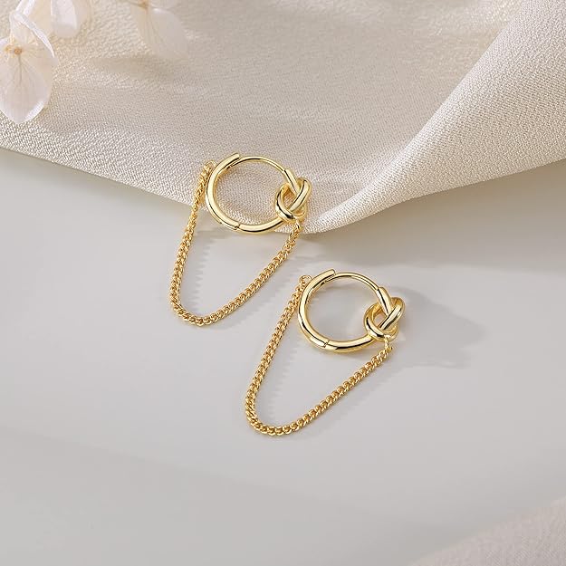 SLUYNZ 925 Sterling Silver Punk Chain Small Hoop Earrings for Women Men Teen Girls Minimalist Hoop Earrings Tassel