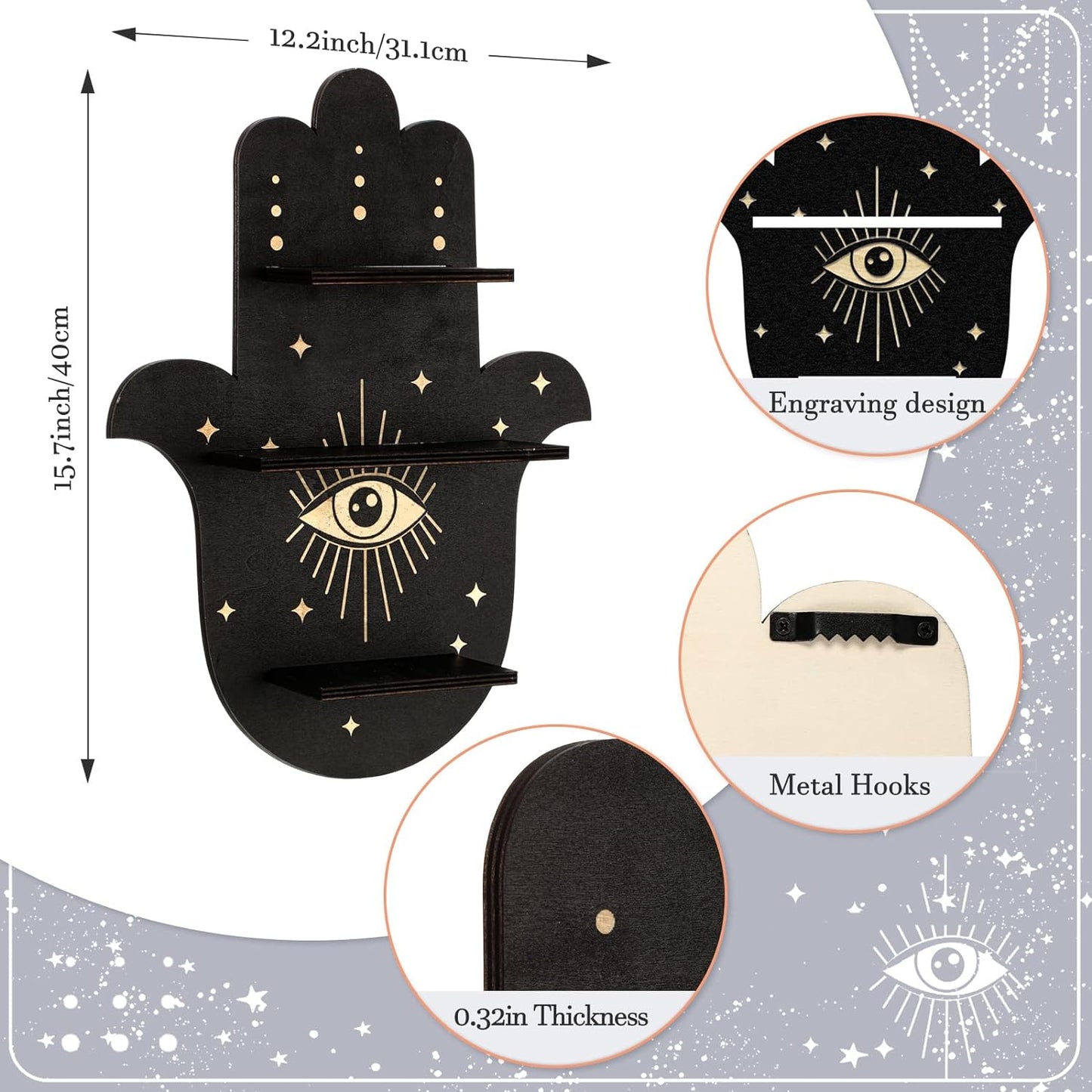 Crystal Shelf Display Rustic Wooden Cat Moon Shelves Moth Hamsa Hand Wolf Crystal Holder Shelves Wooden Floating Shelf for Rock Gemstones Meditation Spiritual Gift for Home Bedroom (Hamsa Hand)