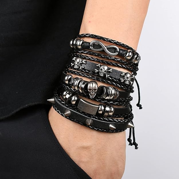 Vinatge Gothic Punk Skull Star Metal Multilayer Leather Bracelet