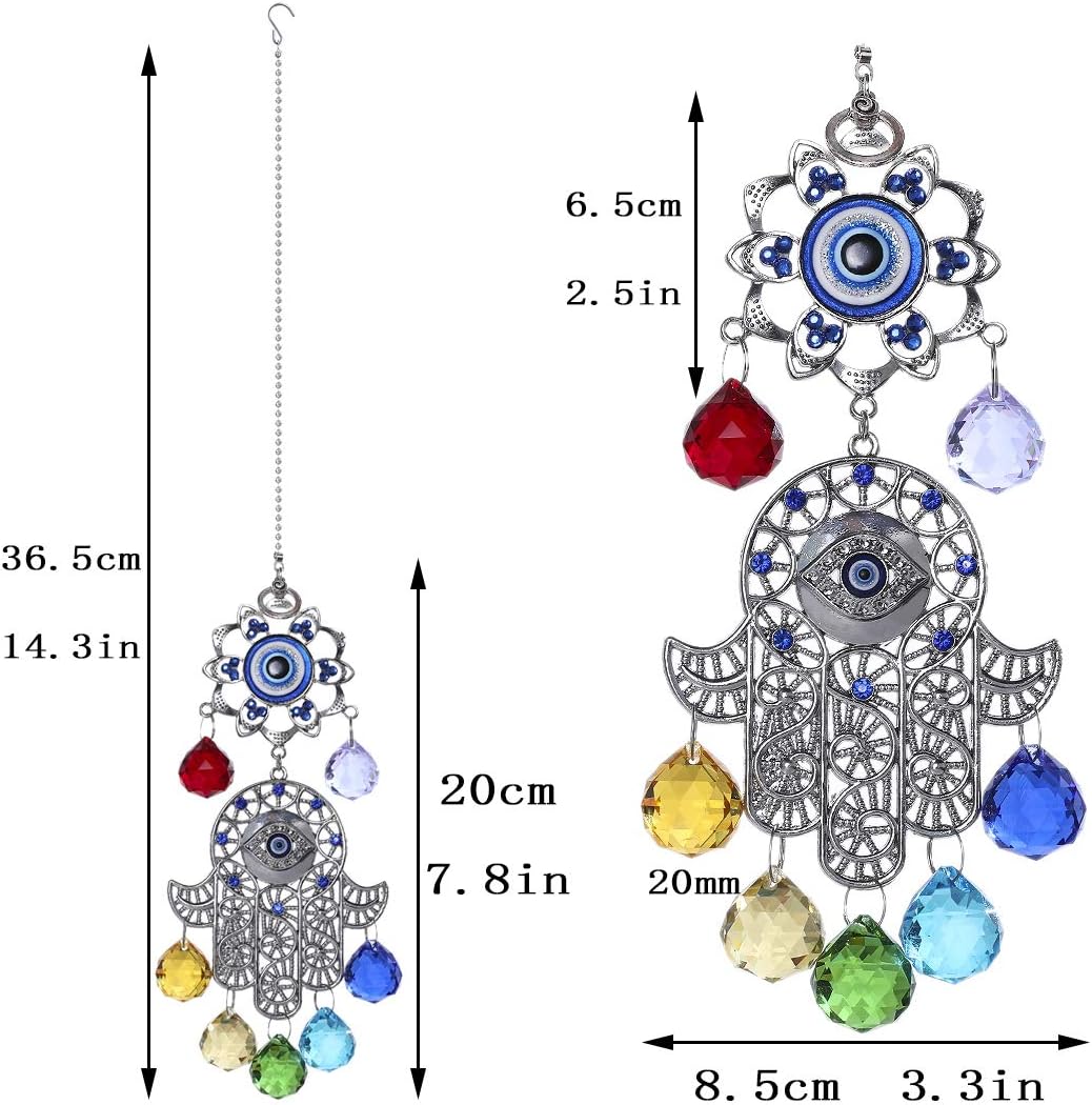 Hamsa Hand with Blue Evil Eye Protection Hanging Crystal Ornament with Chakra Energy Crystal Balls