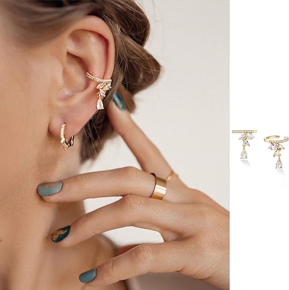 Dainty Hoop Ear Cuff 14K Gold Plated Cross Stripe Open Wrap Hoop Cubic Zirconia Huggie Clip-on Cartilage Earrings Stud for Women