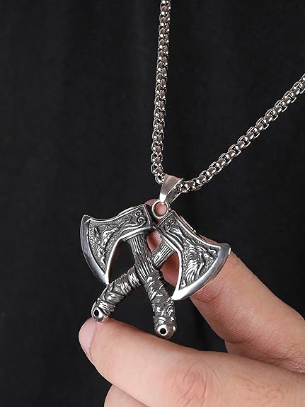 HAQUIL Viking Battle Axe Necklace, Norse Wolf Raven Axe Amulet Pendant, Viking Jewelry Gift for Men
