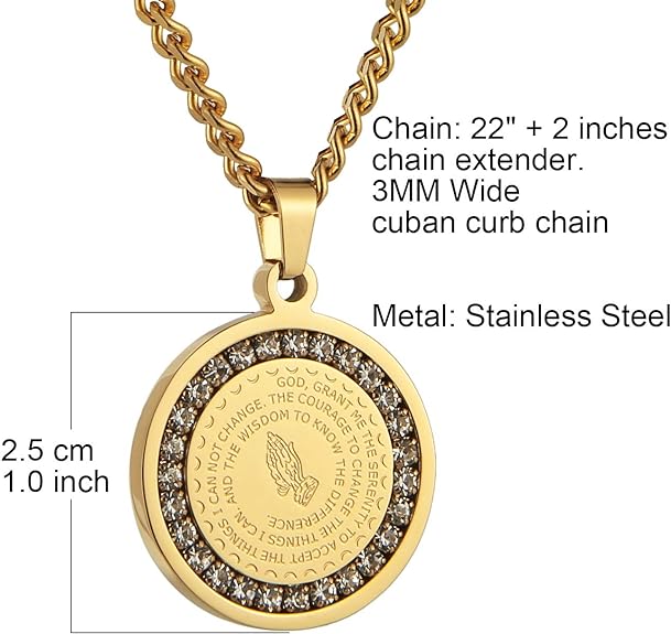 HZMAN Bible Verse Prayer Necklace Christian Jewelry Gold Stainless Steel Praying Hands Coin Medal Pendant