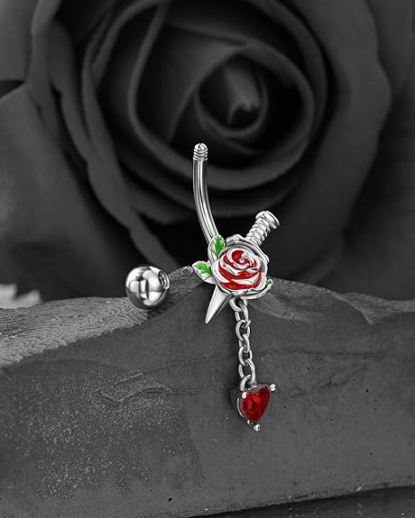 Jewseen 14g Halloween Belly Button Rings Surgical Stainless Steel Belly Rings Heart Floral Dangle Belly Button Piercing Navel Rings for Women Men