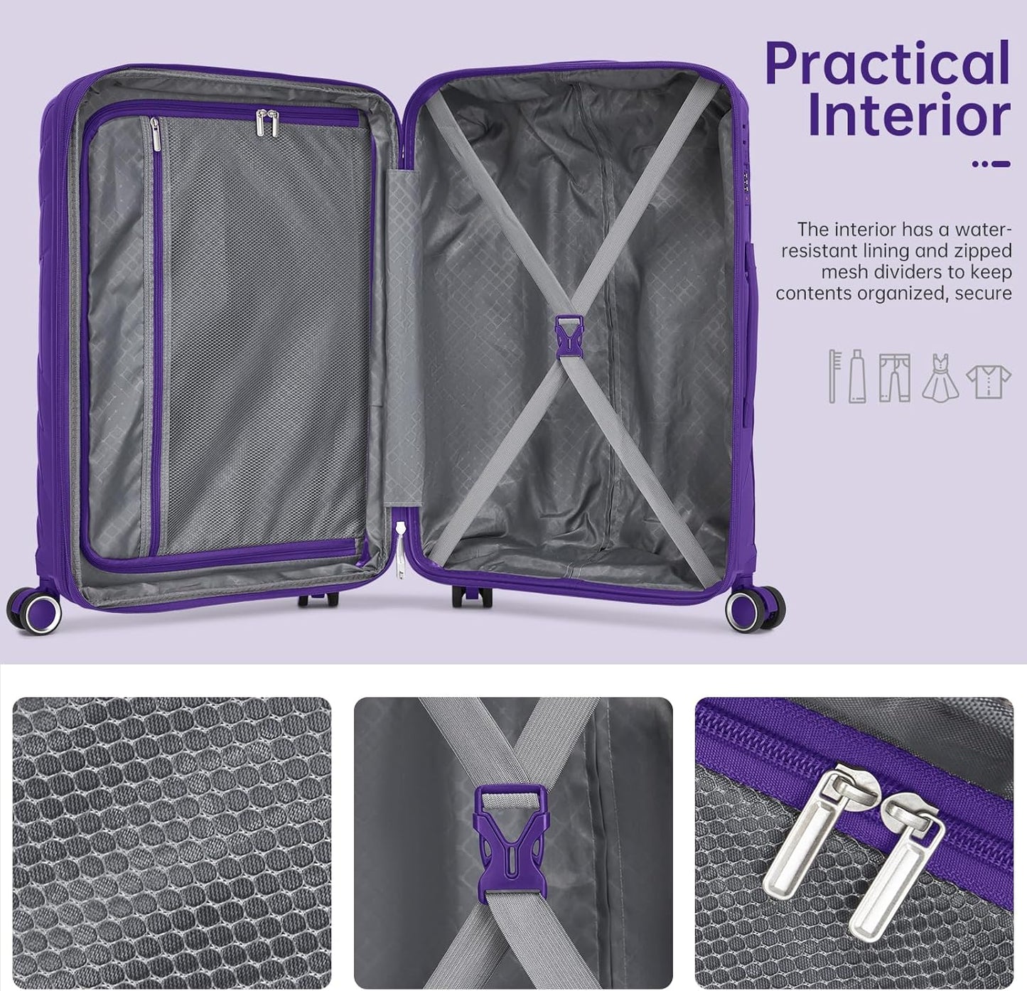 5 Piece Luggage Set Carry on Suitcase with Spinner Wheels, Expandable Hardshell Luggage PP Lightweight Suitcase Set for Women (Grape Purple)