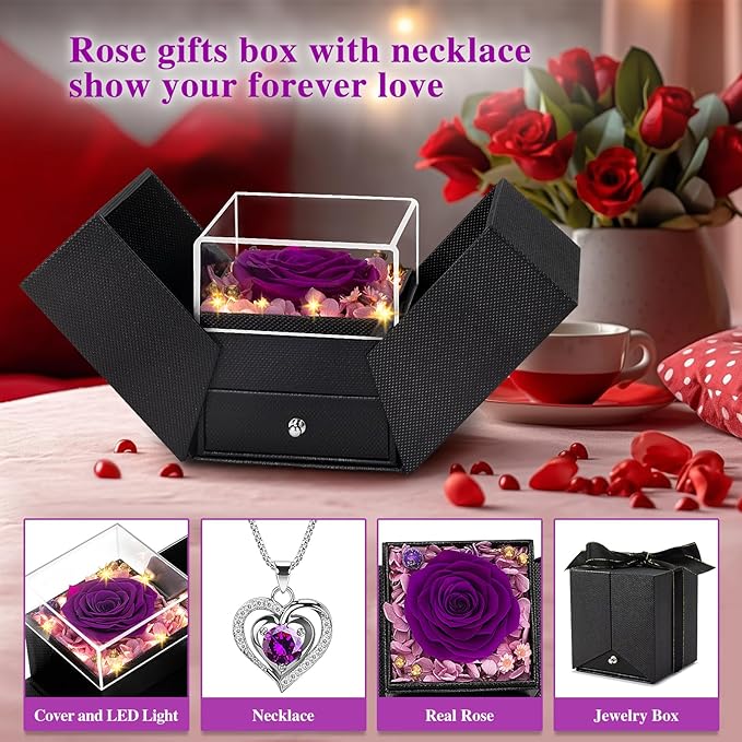 Birthday Flower Gifts for Women Wife Girlfriend, Preserved Real Rose with Necklace for Wife, Eternal Rose Jewelry Box with LED Light, Anniversary for Her, Christmas Gifts for Mom Grandma(Purple)