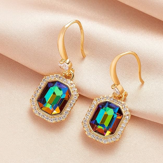 Austrian Crystal Halo Octagon Drop Dangle Earrings for Women 14K Rose Gold Plated Hypoallergenic Jewelry Gifts for Women Girls