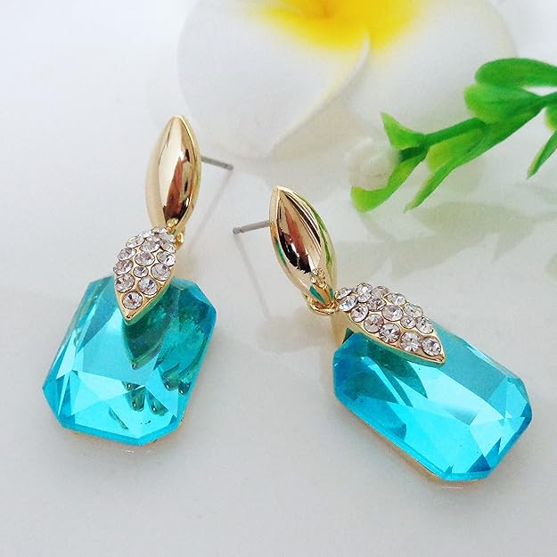 Navachi 18k Gold Plated Spindle Shape Metal White Crystal Square Zircon Dangle Stud Earrings