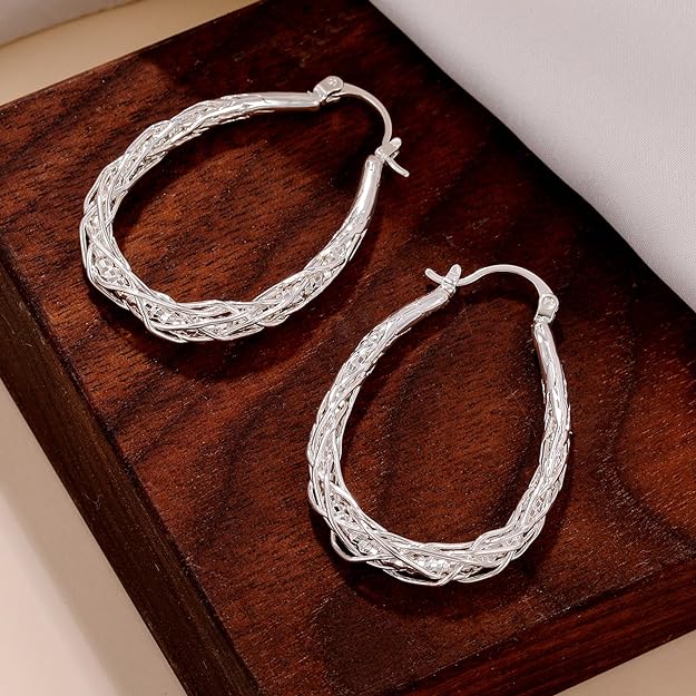 Senteria Sterling Silver Hoop Earrings for Women Silver Oval Hoop Earrings Hypoallergenic Medium Silver Hoops Earrings Lightweight Thick Twist Silver Hoop Earrings