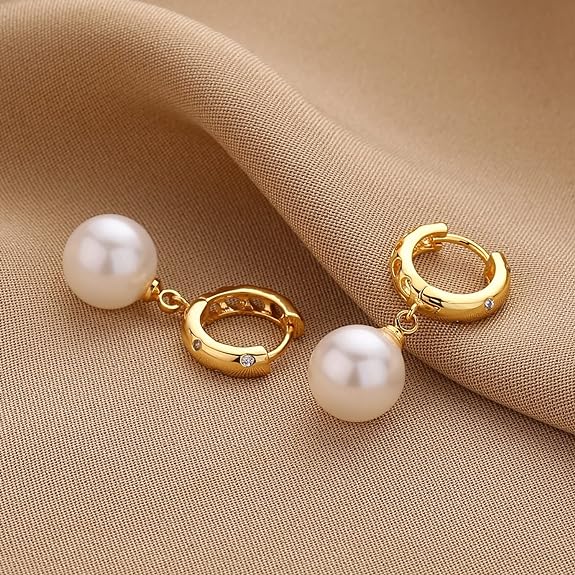 XYJZXY Elegant Simulated Pearl Hoop Earrings for Women Lightweight Faux Pearl Earrings Dangle Drop Earrings CZ Diamond Pearl Earrings Wedding Jewelry