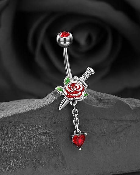 Jewseen 14g Halloween Belly Button Rings Surgical Stainless Steel Belly Rings Heart Floral Dangle Belly Button Piercing Navel Rings for Women Men