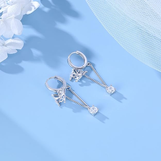SLUYNZ Sterling Silver Butterfly Drop Dangle Small Hoop Earrings Chain for Women Teens CZ Butterfly Hoop Earrings Huggie