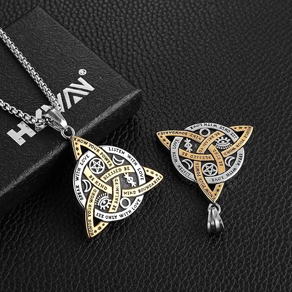 HZMAN Double Sided Stainless Steel Triple Goddess Triquetra Necklace Celtic Knot Irish Christian Trinity Knot Pendant