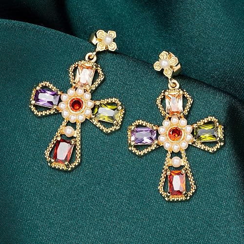 Colorful Crystal Cross Dangle Stud Earrings for Women Girls 14K Gold Plated CZ Rhinestone Pearl Dangling Charm Drop Earrings Statement Studs Boho Fashion Jewelry Gifts