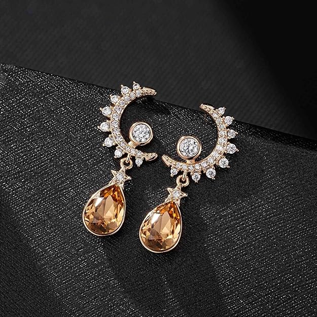 EVEVIC Austrian Crystal Teardrop Moon Star Celestial Dangle Earrings for Women 14K Rose Gold Plated Hypoallergenic Drop Earring Jewelry Gifts