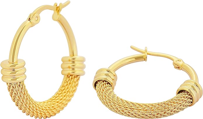 Edforce Women's Stainless Steel Half Hoop Half Mesh Link Hoop Earrings (28mm-40mm)