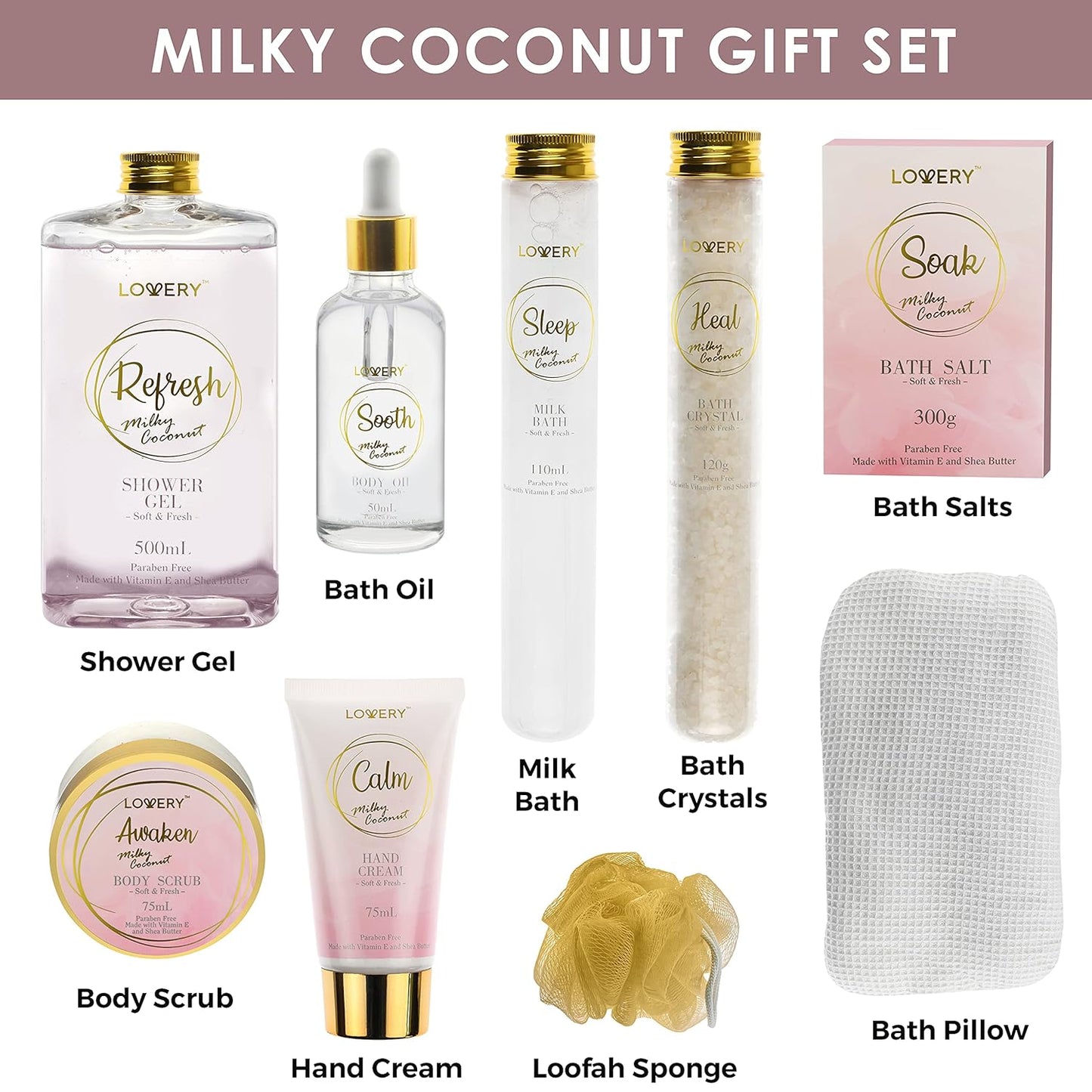 Christmas Gift Set - Home Spa Gift Basket with Milky Coconut Scent, Vitamin E & Shea Butter with Shower Gel, Bath Salt & Crystals, Body Scrub, Hand Cream, Body Oil, Bath Pillow, Wooden Crate & More