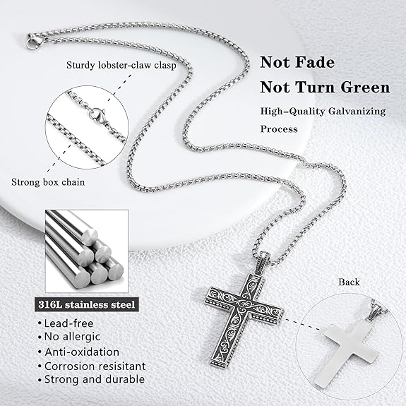 Cross Necklace for Men Silver Cross Chain for Men Gothic Cross Pendant Mens Cross Necklaces Stainless Steel Cross Necklace for Women Goth Necklace Christian Jewelry