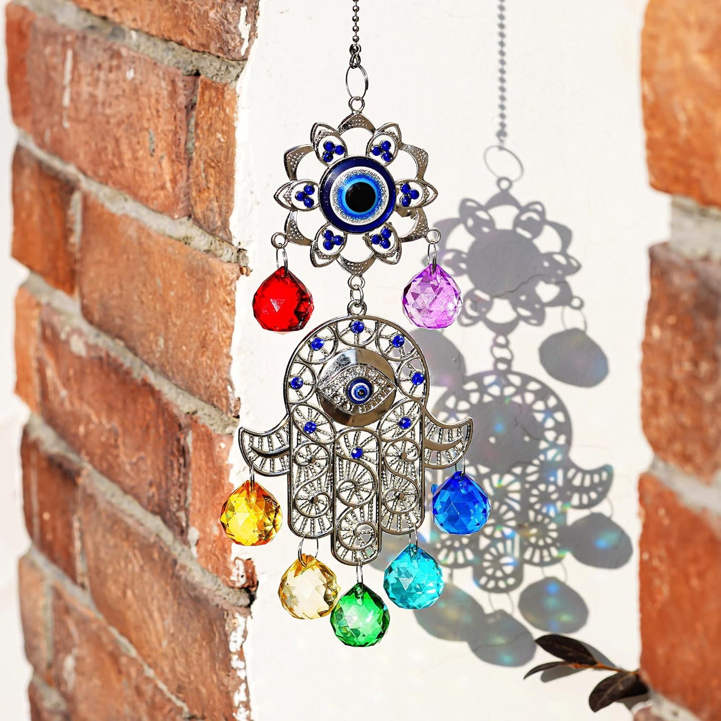 Hamsa Hand with Blue Evil Eye Protection Hanging Crystal Ornament with Chakra Energy Crystal Balls