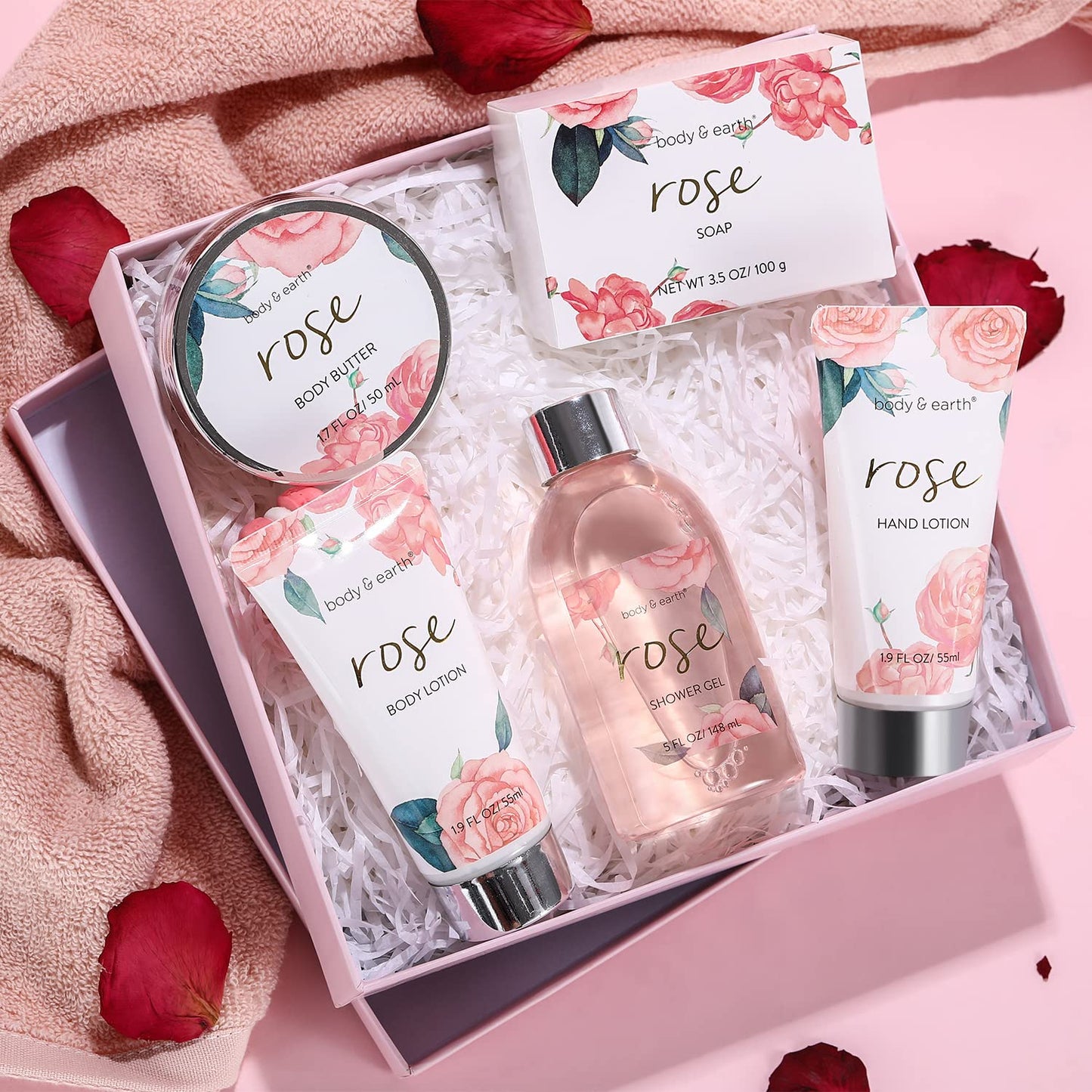 Bath and Body Gift Set for Women, Body & Earth 5 Pcs Rose Spa Set Gifts for Women, Self Care Kit, Lotion Sets for Women ,Christmas Gifts for Women