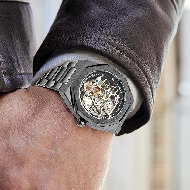 FORSINING Vintage Watch for Men Engraved Automatic Self-Wind Mechanical Big Dial Luminous Moon Phase Golden Hollow Tattoo Pattern Wrist Watches, Mechanical