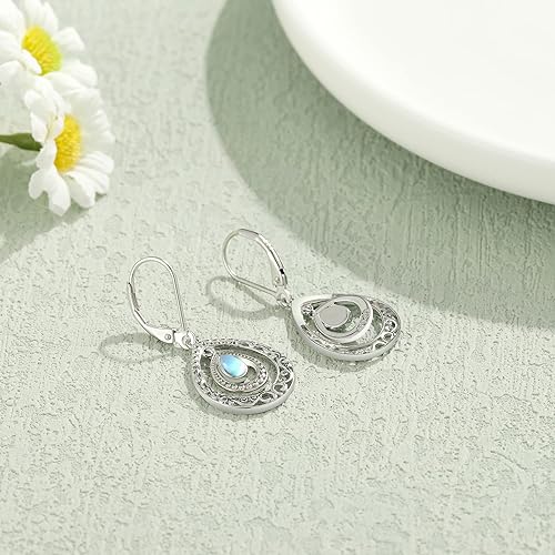 Moonstone Earrings 925 Sterling Silver Filigree Leverback Dangle Drop Bohemian Moonstone Jewelry Gift for Women Girls