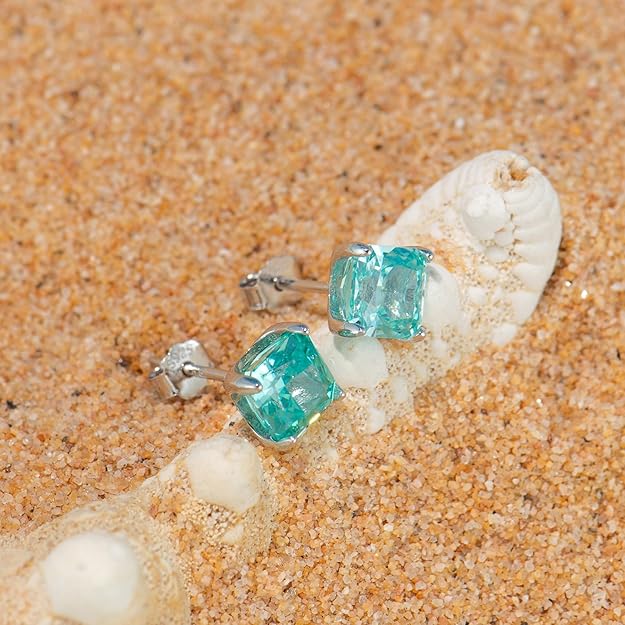 Cubic Zirconia Stud Earrings, Unique Paraiba Blue/Sunshine Yellow Princess Cut Diamond, Crystal Clear Color CZ, White Gold plated S925 Sterling Silver