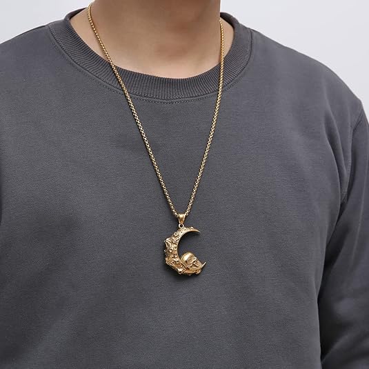 HZMAN Mens Women Gothic Retro Moon Crescent Skull Stainless Steel Pendant Necklace 22+2 Inch Chain
