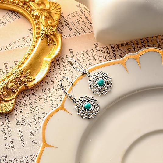 Turquoise Flower Earrings for Women 925 Sterling Silver Dangle Drop Earrings Round/Oval/Marquise Shape Turquoise Earring Push Back/Leverback