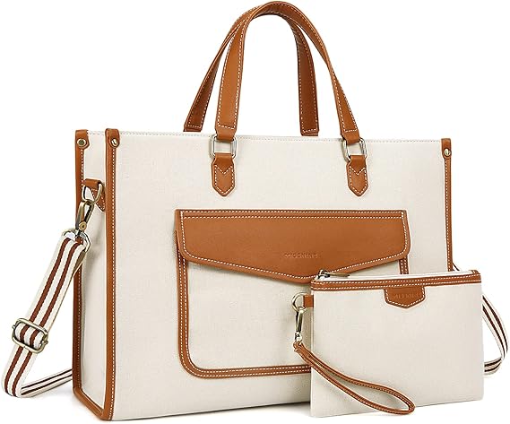 Missnine Tote Bag Canvas Laptop Bag for Women 15.6 inch Casual Work Bags with Clutch Purse Computer Shoulder Bag 2 PCS Set for Travel, Office, College