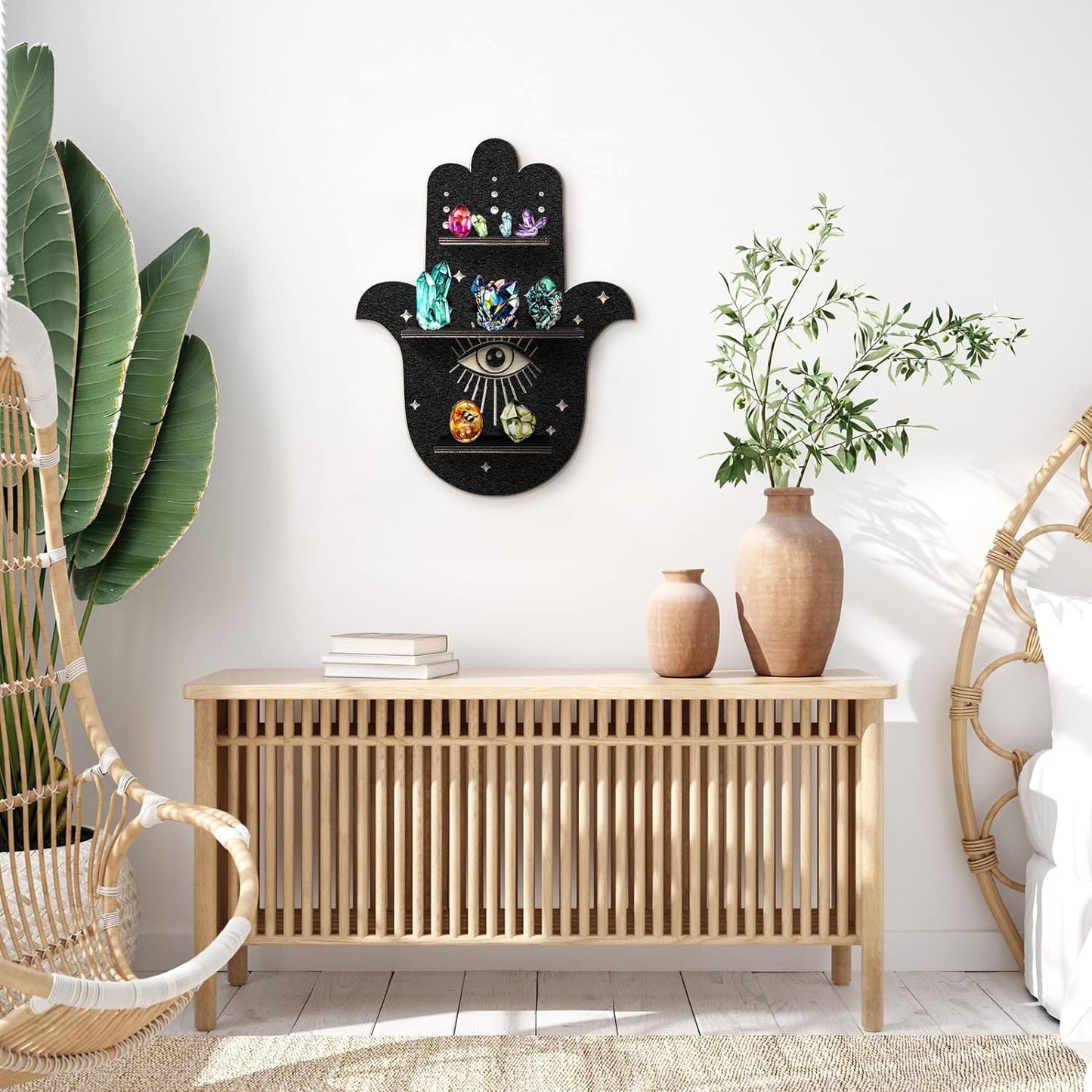 Crystal Shelf Display Rustic Wooden Cat Moon Shelves Moth Hamsa Hand Wolf Crystal Holder Shelves Wooden Floating Shelf for Rock Gemstones Meditation Spiritual Gift for Home Bedroom (Hamsa Hand)