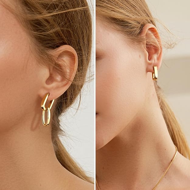 14K Gold Plated 925 Sterling Silver Post Dangle Earrings For Women Trendy Drop Earrings Small Sterling Silver Earrings Square Huggie Paperclip Dangly Hoop Silver Hoops Fashion Earrings Jewelry