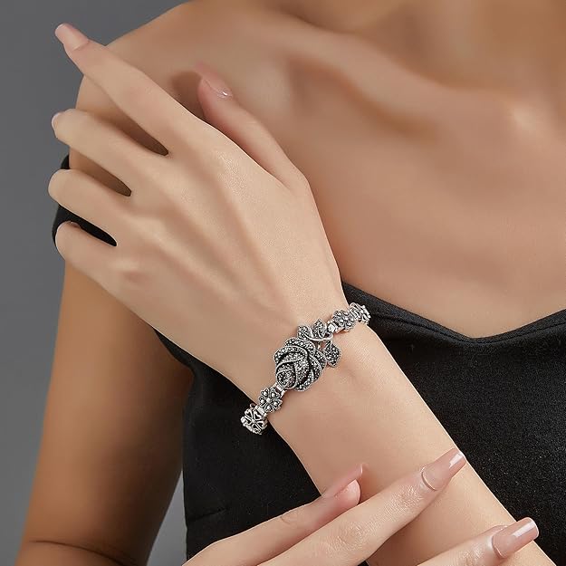 Vintage Charm Bracelet for Women Elegant Black Onyx and Marcasite with Silver Rose Flower Design, Retro Ideal for Women's Jewelry Gifts