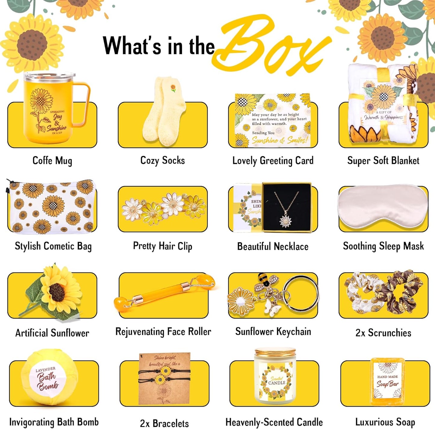 18Pcs Gift Baskets for Women - Sunflower Gifts for Women - Birthday Gifts for Women, Best Friend or Sister - Sunshine Box, Get Well Soon, Unique Gift Set, Care Package For Women, Thinking of You