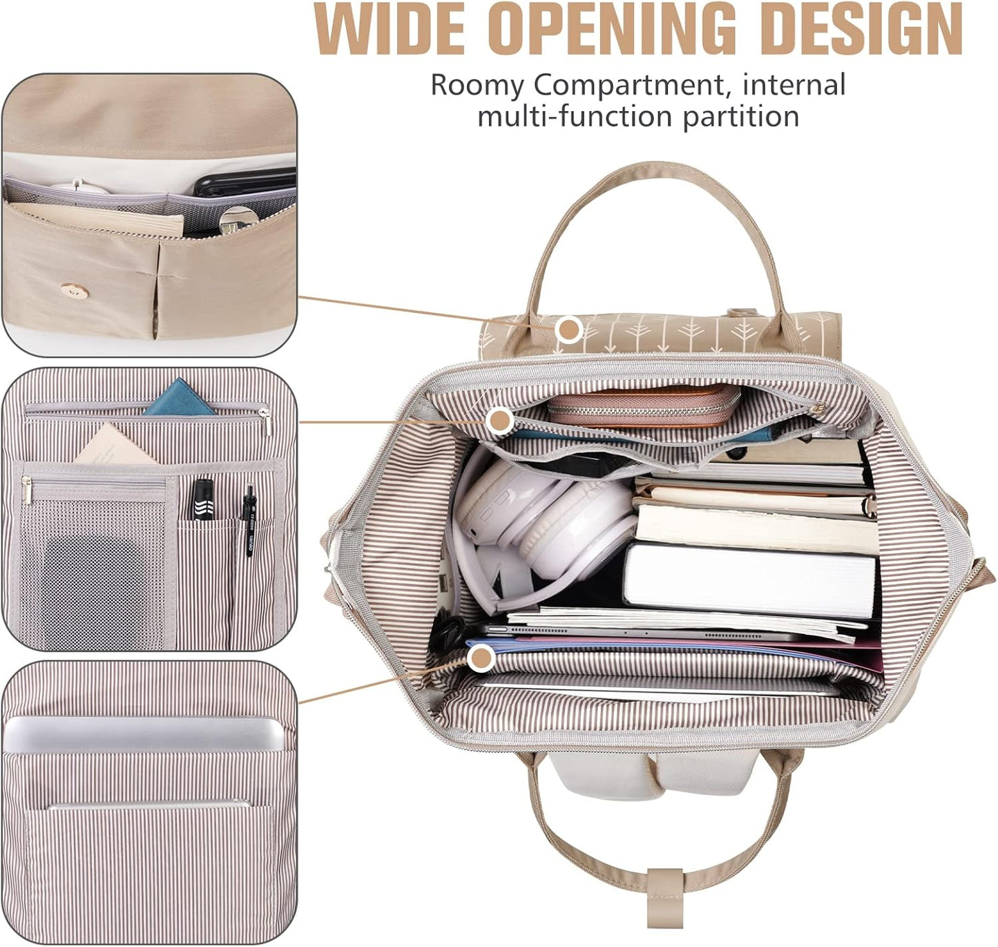 MOMUVO Laptop Backpack for Women with USB Port, Student Bookbag Water Resistant Backpacks Teacher Doctor Nurse Work Stylish Travel Bags, Fits 17-Inch Laptop Khaki Beige
