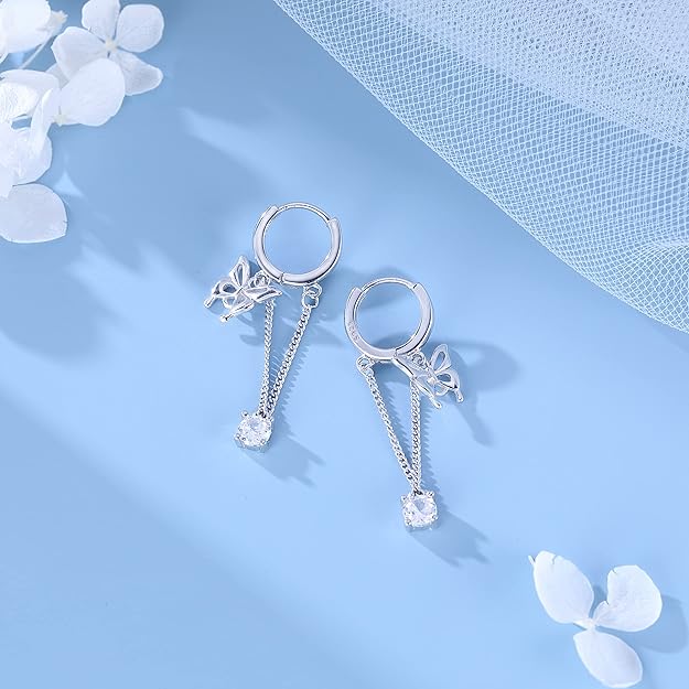 SLUYNZ Sterling Silver Butterfly Drop Dangle Small Hoop Earrings Chain for Women Teens CZ Butterfly Hoop Earrings Huggie