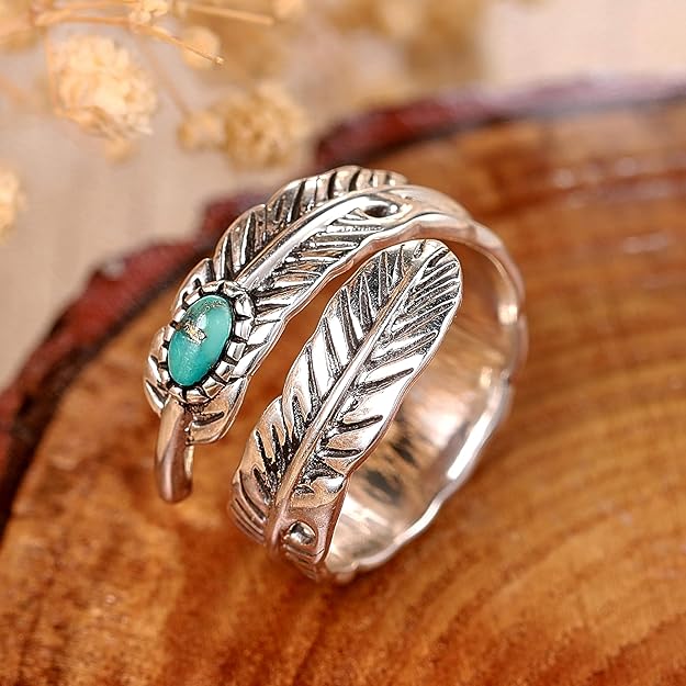 925 Sterling Silver Ring Feather Ring/Feather Black Onyx Rings/Feather Turquoise Rings Adjustable Feather Ring Stacking Ring Vintage Statement Ring for Women