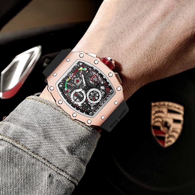 FANMIS Mens Luxury Tonneau Square Watches Analog Punk Chronograph Unique Sports Wrist Watch Japanese Movement Luminous Design with Rubber Band