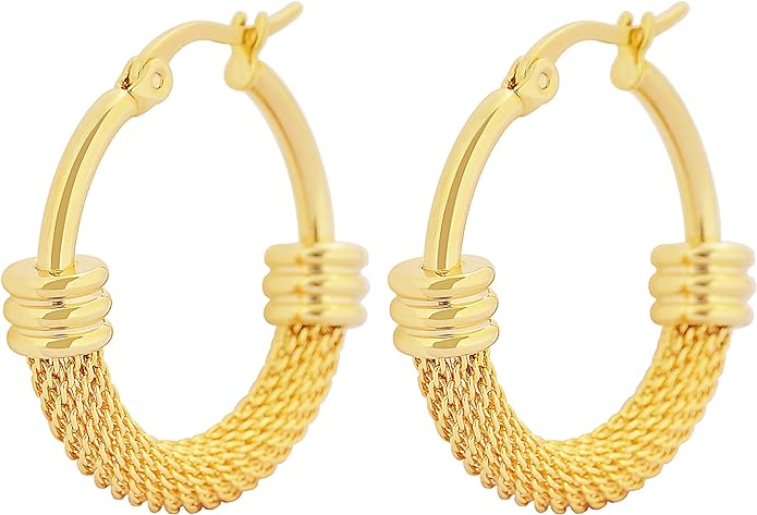 Edforce Women's Stainless Steel Half Hoop Half Mesh Link Hoop Earrings (28mm-40mm)