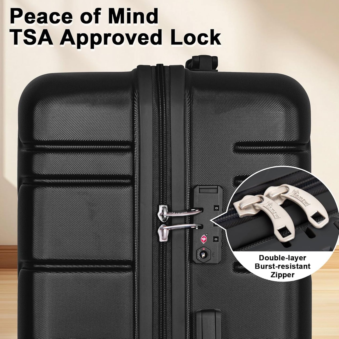 Romswi 5PCS Luggage Sets,Lightweight PC+ABS Hardshell Luggage with Spinner Wheels TSA Lock, Durable Suitcase Sets with Duffel Bag Travel Bag Black (20/24/28inch)