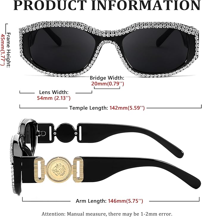 FEISEDY Rectangle Rhinestone Sunglasses for Women Men Bling Jeweled Retro Square Sunglasses 90s Vintage Shades B0091