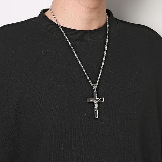 HZMAN Men's Stainless Steel Cross Crucifix Bible Prayer Pendant Necklace 22+2" Chain
