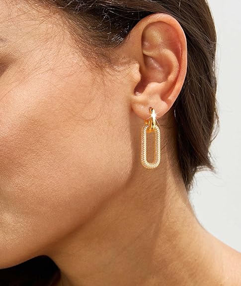 Gold Earrings for Women Trendy, Simple Dainty 14K Gold Plated Paperclip Square Chain Link Dangle Hoops Earrings Pin Stud Huggie Earrings Lightweight Hypoallergenic Minimalist Aesthetic Gold Jewelry for Women Teen Girls Christmas Gifts