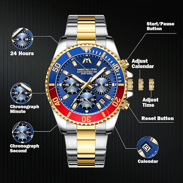 MEGALITH Mens Watches Stainless Steel Waterproof Analog Quartz Fashion Business Chronograph Watch for Men, Auto Date