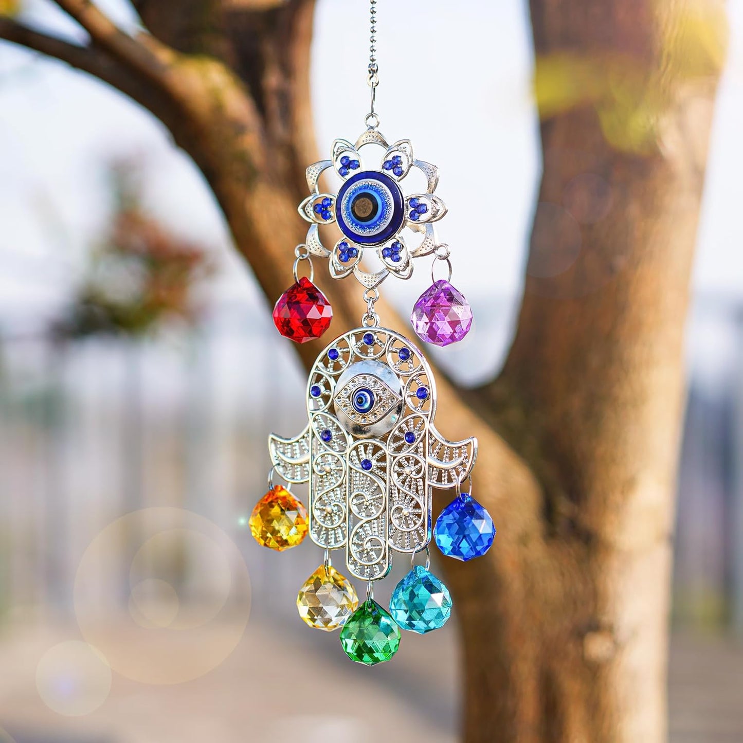 Hamsa Hand with Blue Evil Eye Protection Hanging Crystal Ornament with Chakra Energy Crystal Balls
