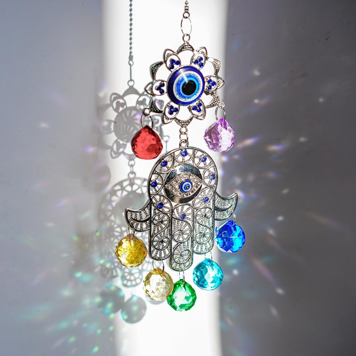 Hamsa Hand with Blue Evil Eye Protection Hanging Crystal Ornament with Chakra Energy Crystal Balls