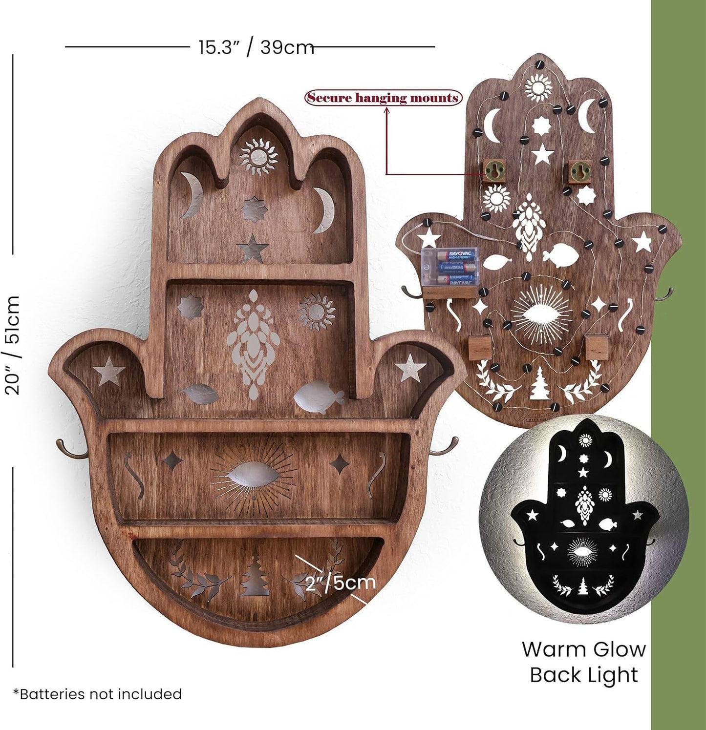 TAMIM CRAFTS Wooden Hamsa Shelf for Crystals- Large 20 Inch Crystal Display Shelf for Stones, Crystal Holder Shelf, Essential Oil Display, Hand Crystal Shelf for Room Decor, Hamsa Wall Décor