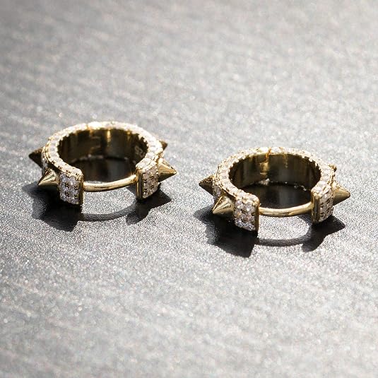 Cool Punk Style Iced Cz 14K Yellow Gold Plated 925 Sterling Silver Small Trendy Spike Thorn Hoop Earrings for Women Nickel Free Hypoallergenic Huggie Hoops Earrings