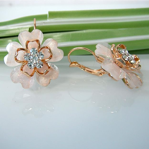 Navachi 18k Gold Plated White Crystal Acetate Blooming Flowers Leverback Earrings